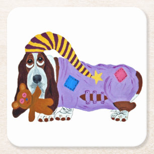 Dessous De Verre Carré Basset Hound en pyjama avec ours en peluche