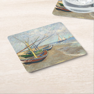 Dessous De Verre Carré Bateaux de pêche sur la plage par Vincent Van Gogh