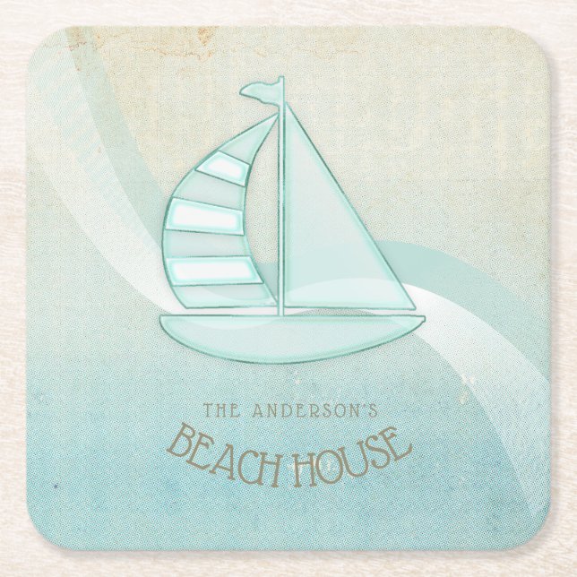 Dessous De Verre Carré Beach House Nautical Voilier Aqua Blue ID623 (Devant)