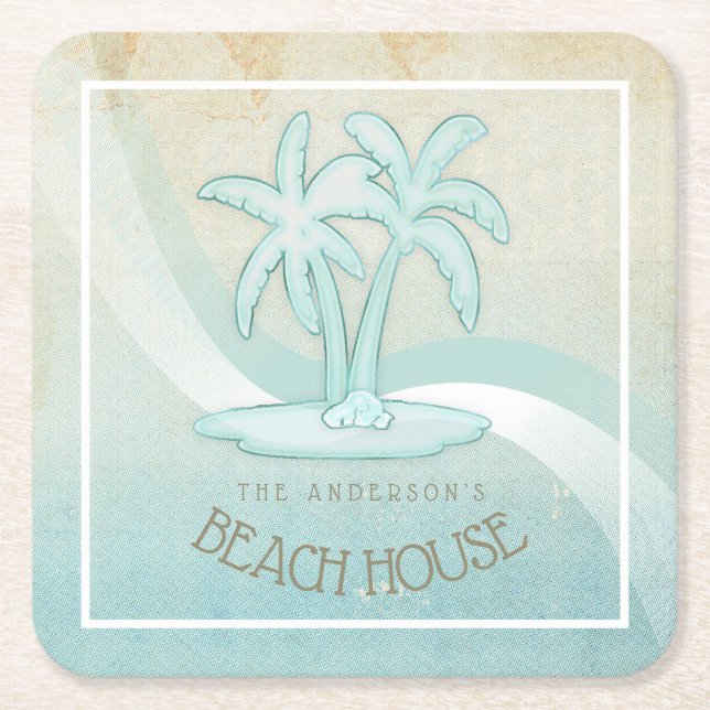 Dessous De Verre Carré Beach House Palm Trees Aqua ID623 (Devant)