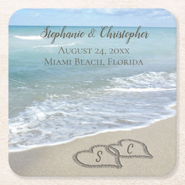 Dessous De Verre Carré Beach Wedding Hearts (Devant)