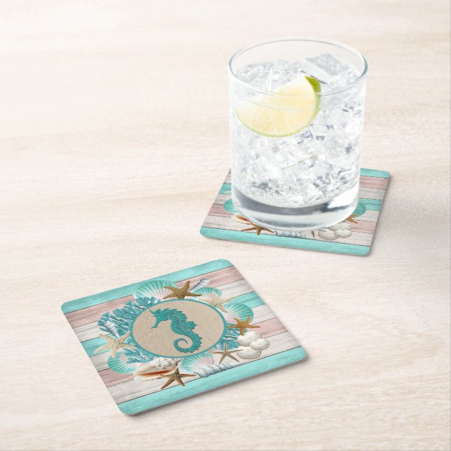 Dessous De Verre Carré Beau Seashell & Seahorse Design (En situation)