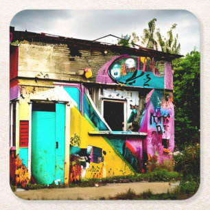 Dessous De Verre Carré Beauté en destruction Graffiti colorés abandonnés