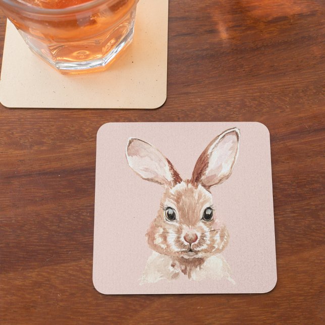 Dessous De Verre Carré Beauté moderne Pastel Rose Aquarelle Bunny Lovely (Créateur téléchargé)