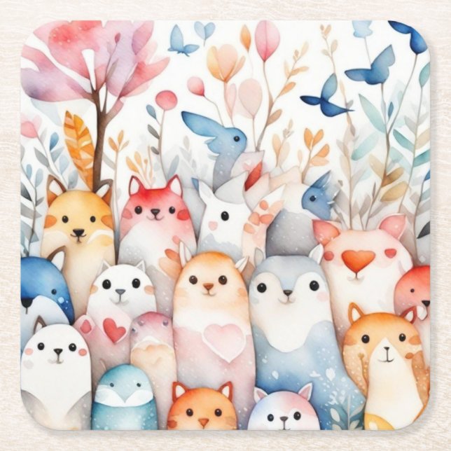 Dessous De Verre Carré Beaux animaux floraux design mignon (Devant)