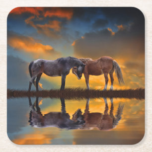 Dessous De Verre Carré Beaux chevaux et l'eau Sunset Western