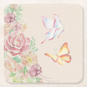 Dessous De Verre Carré Beaux fleurs et papillons d'aquarelle