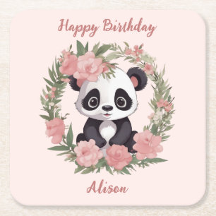 Dessous De Verre Carré Bébé adorable Panda Ours avec fleurs