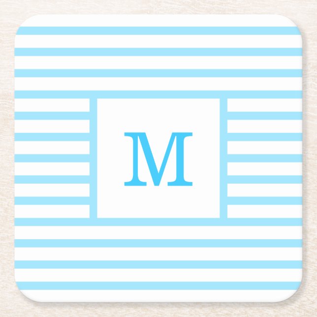 Dessous De Verre Carré Bébé Bleu et Blancs Monogramme personnalisé (Devant)
