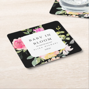Dessous De Verre Carré Bébé en Fleur Aquarelle Baby shower Floral Noir