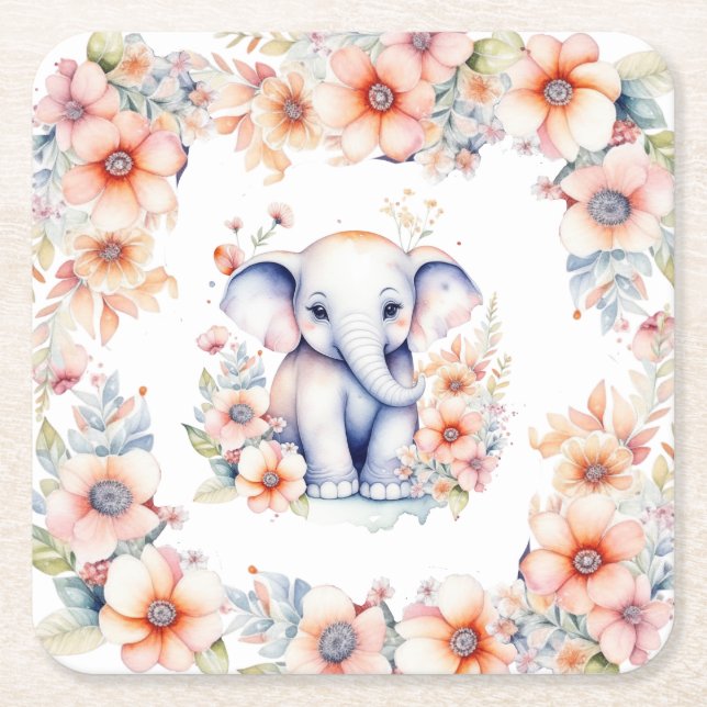 Dessous De Verre Carré Bébé mignon Baby shower de fille d'éléphant (Devant)