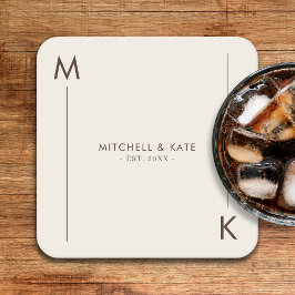 Dessous De Verre Carré Beige Brown simple Mariage Monogramme