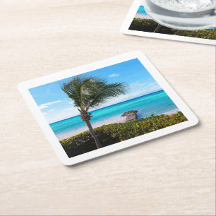 Dessous De Verre Carré Belle plage tropicale aux palmiers venteux