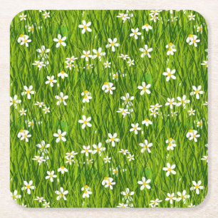 Dessous De Verre Carré Belles fleurs blanches sur Feuilles verts