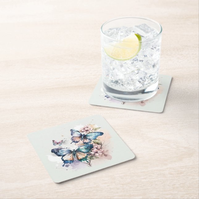 Dessous De Verre Carré Belles papillons et fleurs (En situation)