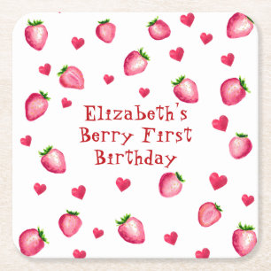 Dessous De Verre Carré Berry First Birthday Party Coeurs fraises