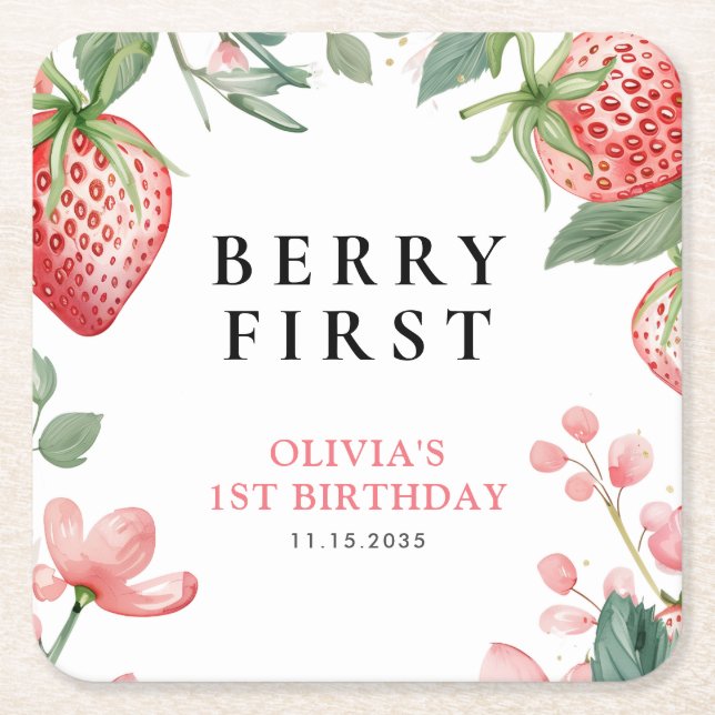 Dessous De Verre Carré Berry First Pink Floral 1er Anniversaire (Devant)