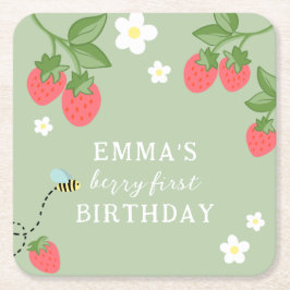 Dessous De Verre Carré Berry First Strawberry Birthday Party