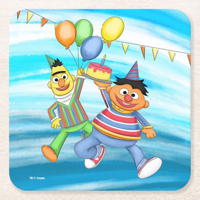 Dessous De Verre Carré Bert et Ernie Balloons d'anniversaire (Devant)