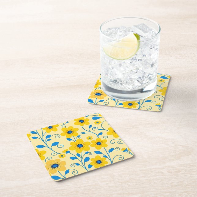 Dessous De Verre Carré Beurre jaune et bleu floral (En situation)