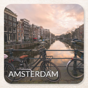 Dessous De Verre Carré Bicyclettes au coucher du soleil à Amsterdam