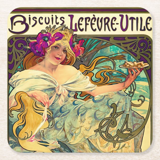 Dessous De Verre Carré Biscuits Lefevre-Utile par Alphonse Mucha (1896) (Devant)