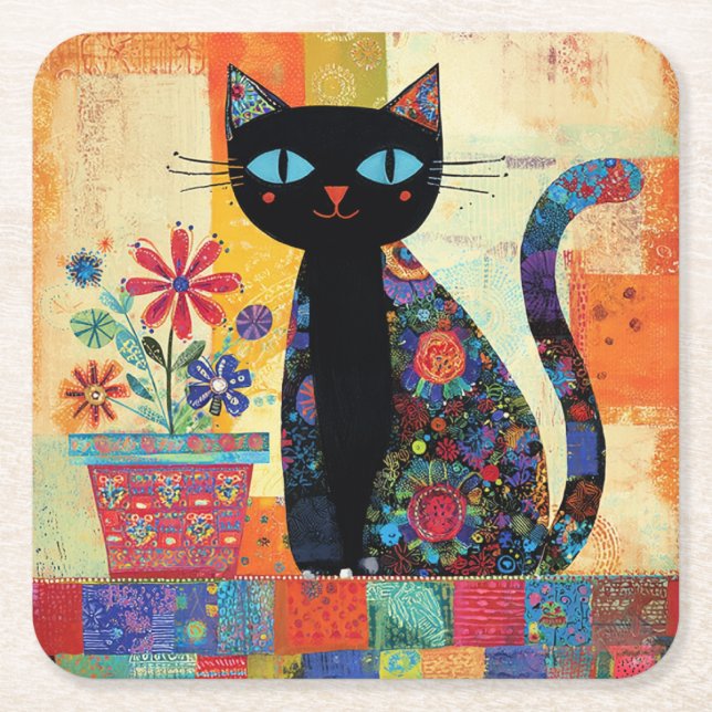 Dessous De Verre Carré Black Cat Folk Art (Devant)