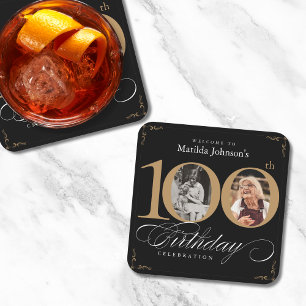 Dessous De Verre Carré Black Gold Elegant Photo 100th Birthday Party