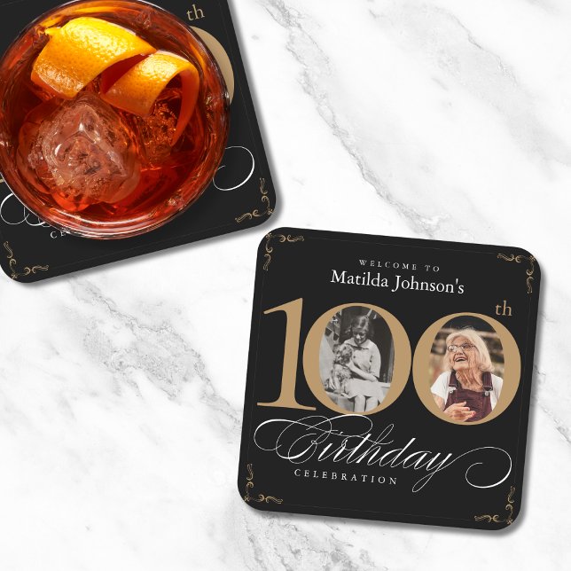 Dessous De Verre Carré Black Gold Elegant Photo 100th Birthday Party (Mockup View)