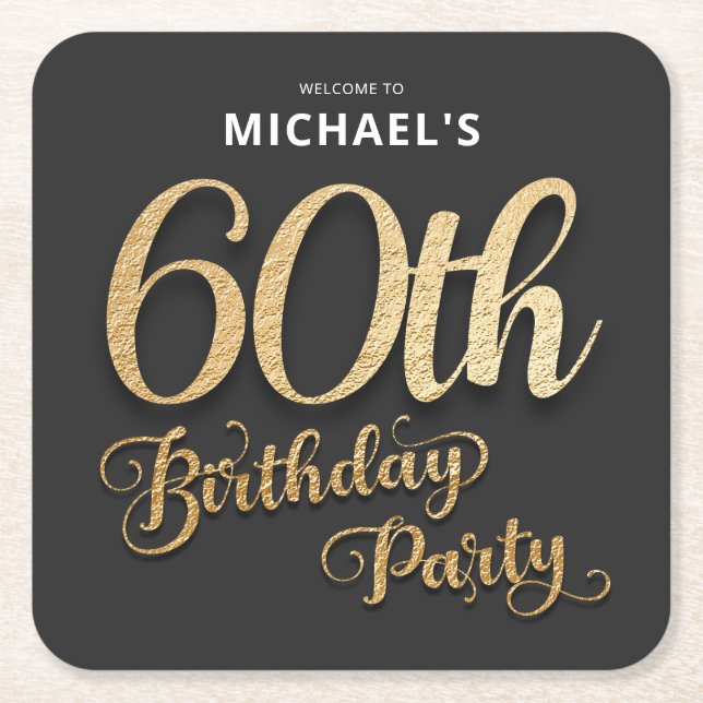 Dessous De Verre Carré Black Gold Foil 60e fête d'anniversaire (Devant)