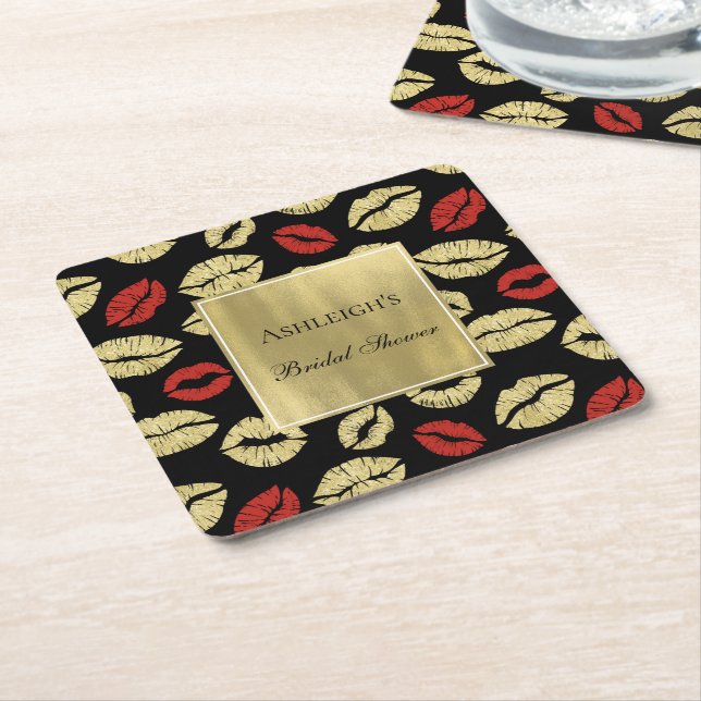Dessous De Verre Carré Black Gold Glam Lips Réception de Mariage (Incliné)