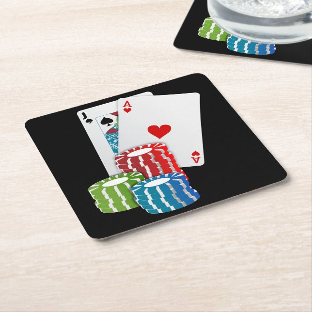 Dessous De Verre Carré Blackjack avec jetons de poker (Incliné)