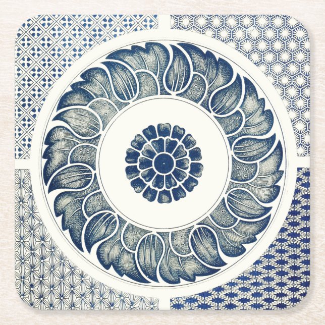 Dessous De Verre Carré Blanc bleu Floral chinois rond (Devant)