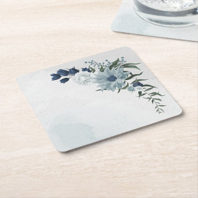 Dessous De Verre Carré blanc & bleu mariage fleuri (Incliné)