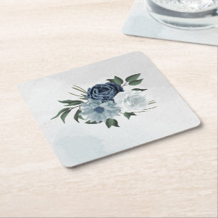 Dessous De Verre Carré blanc & bleu mariage fleuri