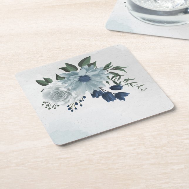 Dessous De Verre Carré blanc & bleu mariage fleuri (Incliné)