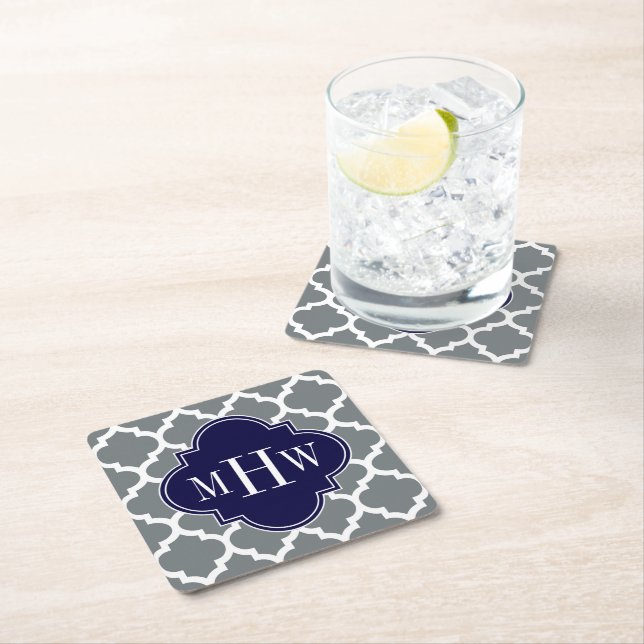 Dessous De Verre Carré Blanc Charbon Marocain #5 Navy 3 Monogramme Initia (En situation)