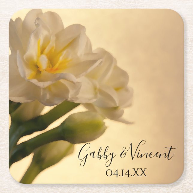 Dessous De Verre Carré Blanc Double Daffodils Printemps Mariage (Devant)