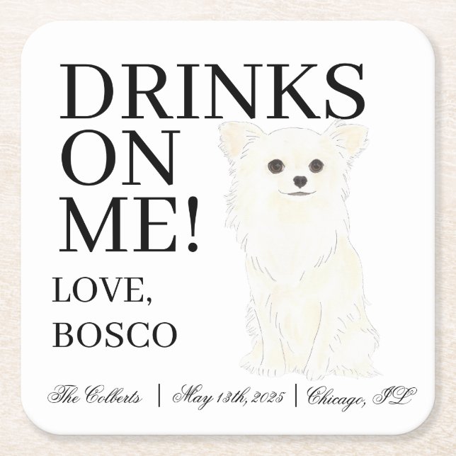 Dessous De Verre Carré Blanc Long Haired Chihuahua Mariage (Devant)