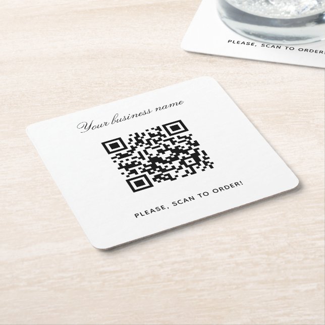 Dessous De Verre Carré Blanc noir nom commercial qr code (Incliné)