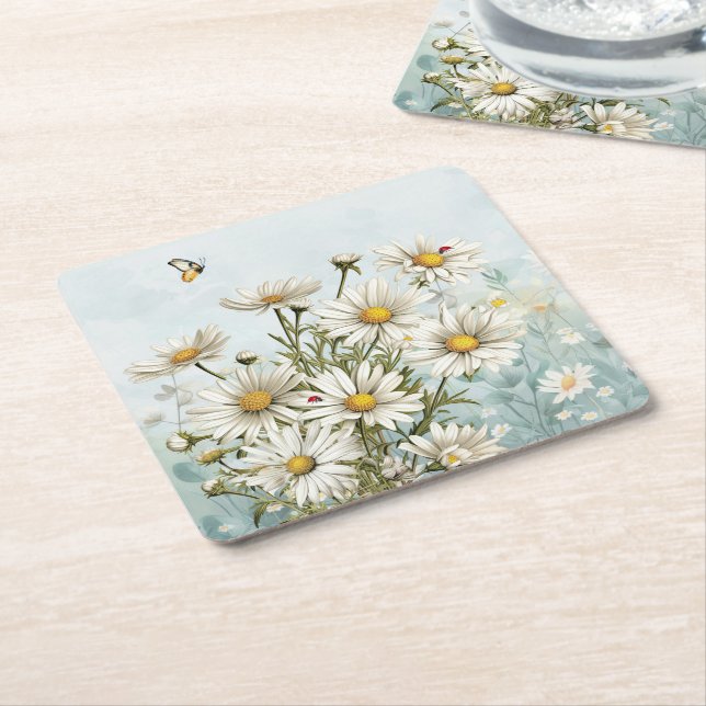 Dessous De Verre Carré Blancs et Ladybugs Printemps (Incliné)