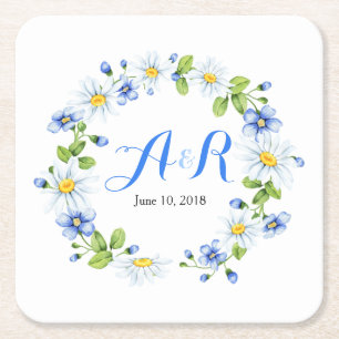 Dessous De Verre Carré Bleu blanc Monogramme marguerite Mariage floral