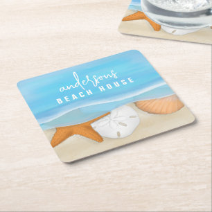 Dessous De Verre Carré Bleu Côtier Mer Whimsical Ocean Seashells