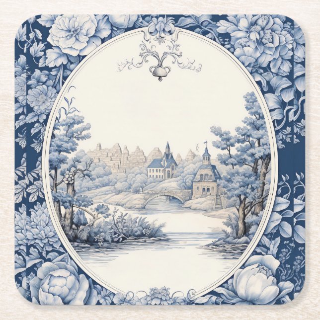 Dessous De Verre Carré Bleu de toile à fleurs (Devant)