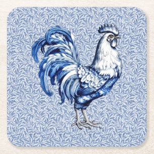 Dessous De Verre Carré Bleu Delft Et Poulet Blanc Rooster