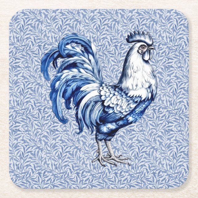 Dessous De Verre Carré Bleu Delft Et Poulet Blanc Rooster (Devant)