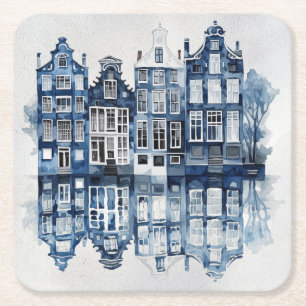 Dessous De Verre Carré Bleu et blanc Delft maisons traditionnelles