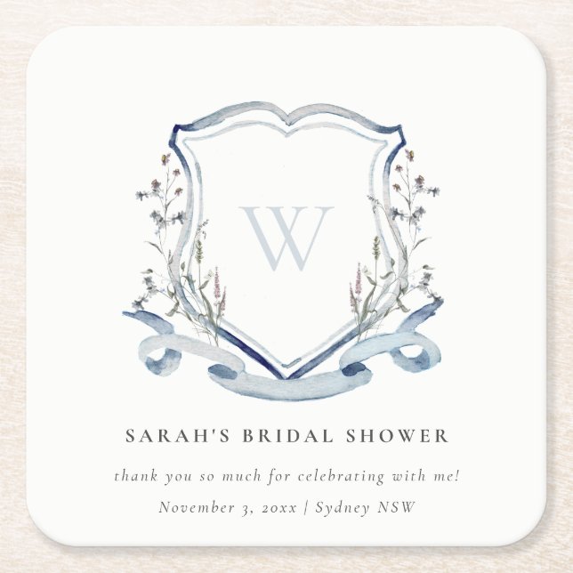 Dessous De Verre Carré Bleu Fleur sauvage aquarelle Crest Fête des mariée (Devant)
