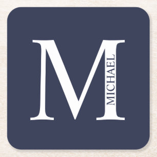 Dessous De Verre Carré Bleu marine Monogramme personnalisé et nom
