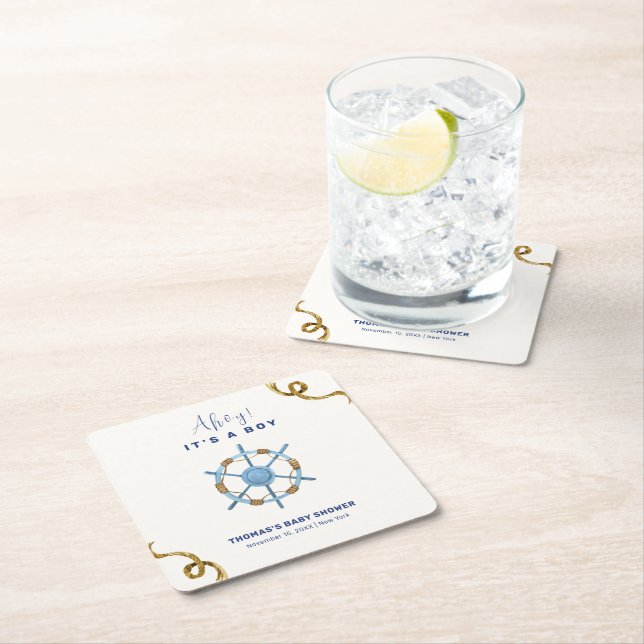 Dessous De Verre Carré Bleu moderne Ahoy Nautical Boy Baby shower (En situation)